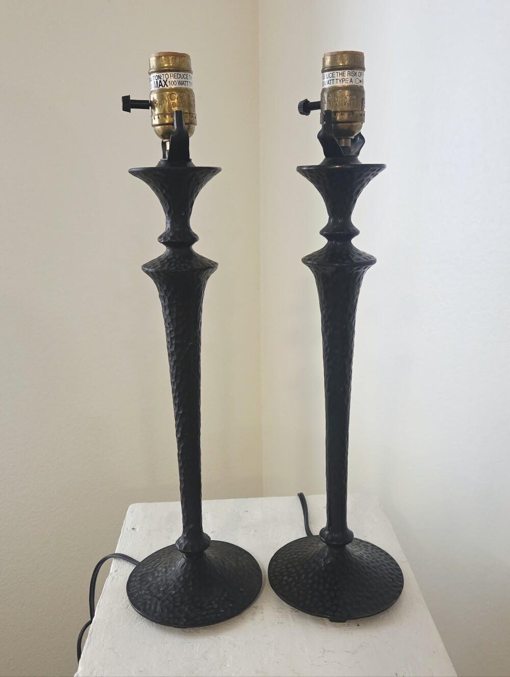 Vintage Pair 1990s Style of Giacometti Iron Table Lamps Hammered Cast Iron